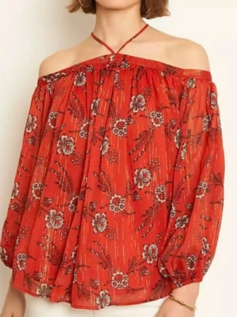 Ann Taylor Off-Shoulder Floral Peasant Top in Red